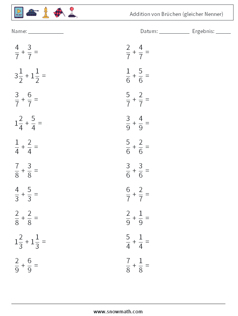 (20) Addition von Brüchen (gleicher Nenner) Mathe-Arbeitsblätter 1