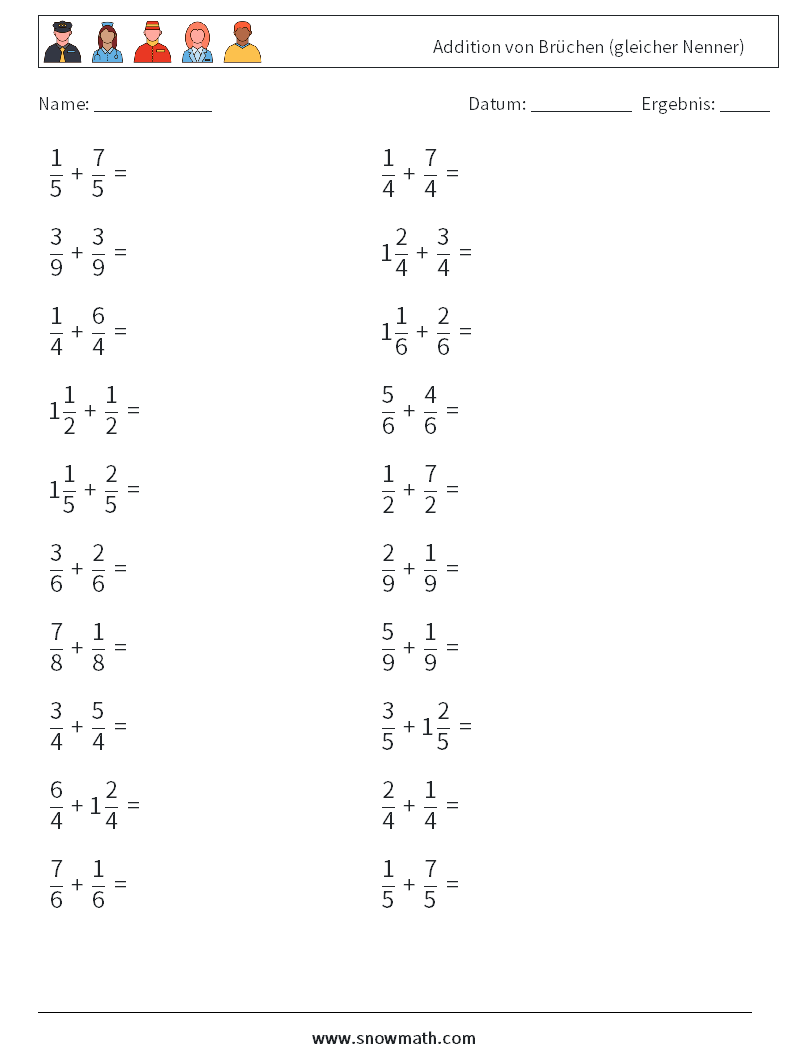 (20) Addition von Brüchen (gleicher Nenner) Mathe-Arbeitsblätter 10