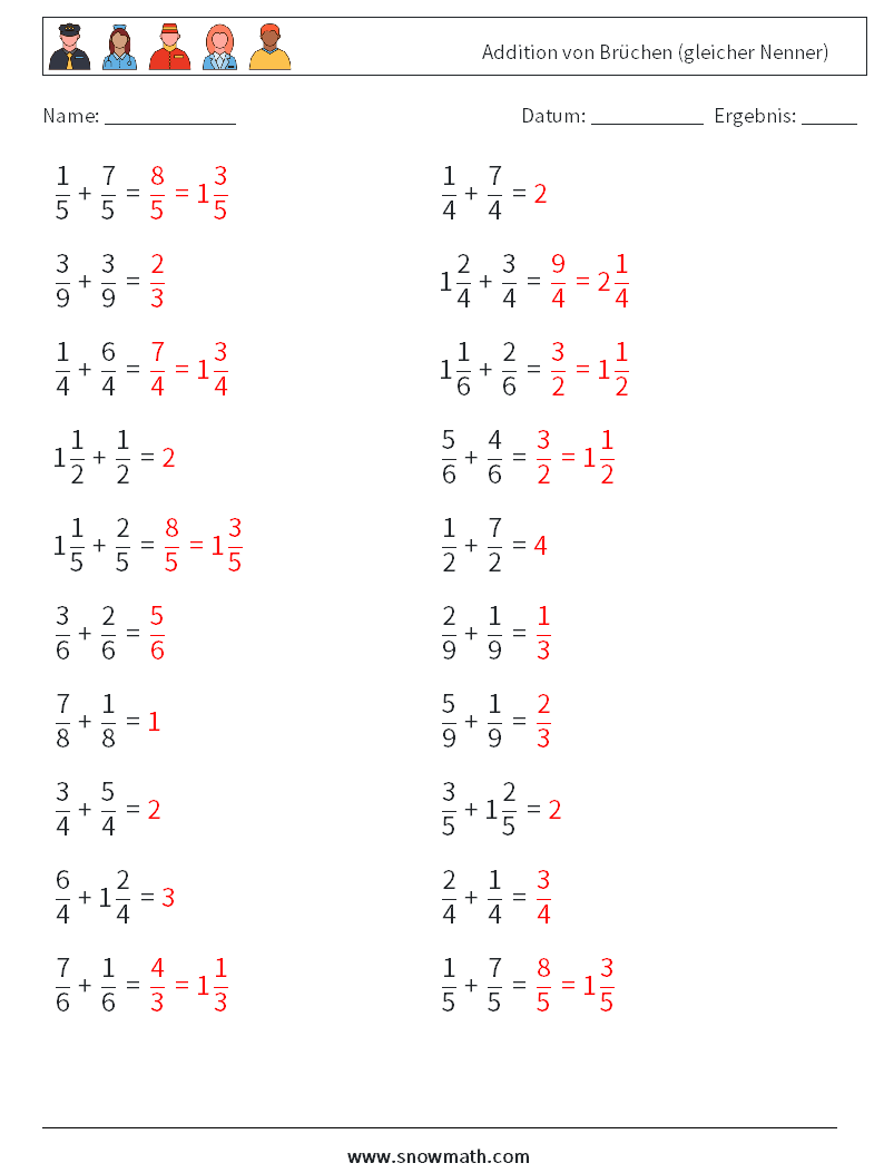 (20) Addition von Brüchen (gleicher Nenner) Mathe-Arbeitsblätter 10 Frage, Antwort