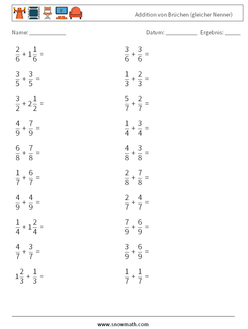 (20) Addition von Brüchen (gleicher Nenner) Mathe-Arbeitsblätter 11