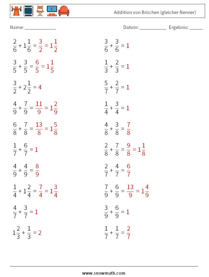 (20) Addition von Brüchen (gleicher Nenner) Mathe-Arbeitsblätter 11 Frage, Antwort