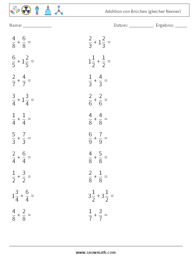 (20) Addition von Brüchen (gleicher Nenner) Mathe-Arbeitsblätter 12