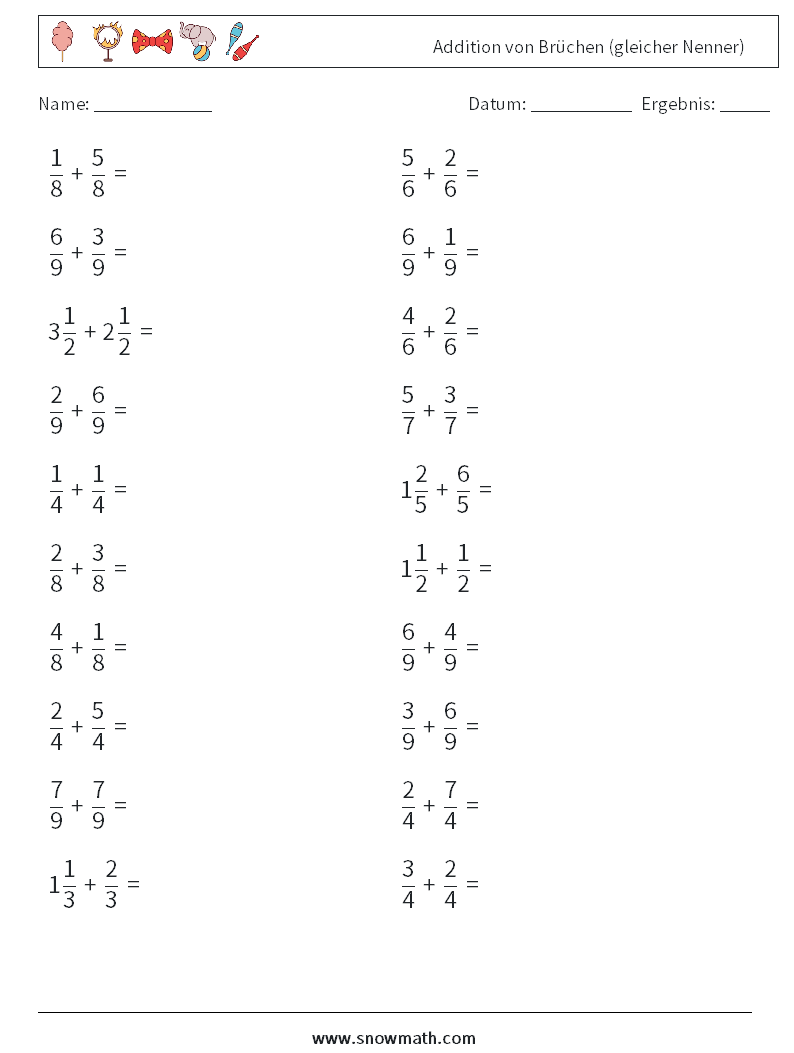 (20) Addition von Brüchen (gleicher Nenner) Mathe-Arbeitsblätter 13