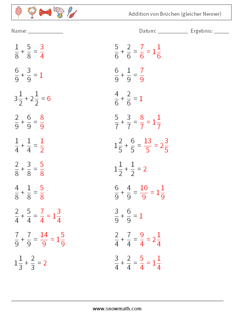 (20) Addition von Brüchen (gleicher Nenner) Mathe-Arbeitsblätter 13 Frage, Antwort
