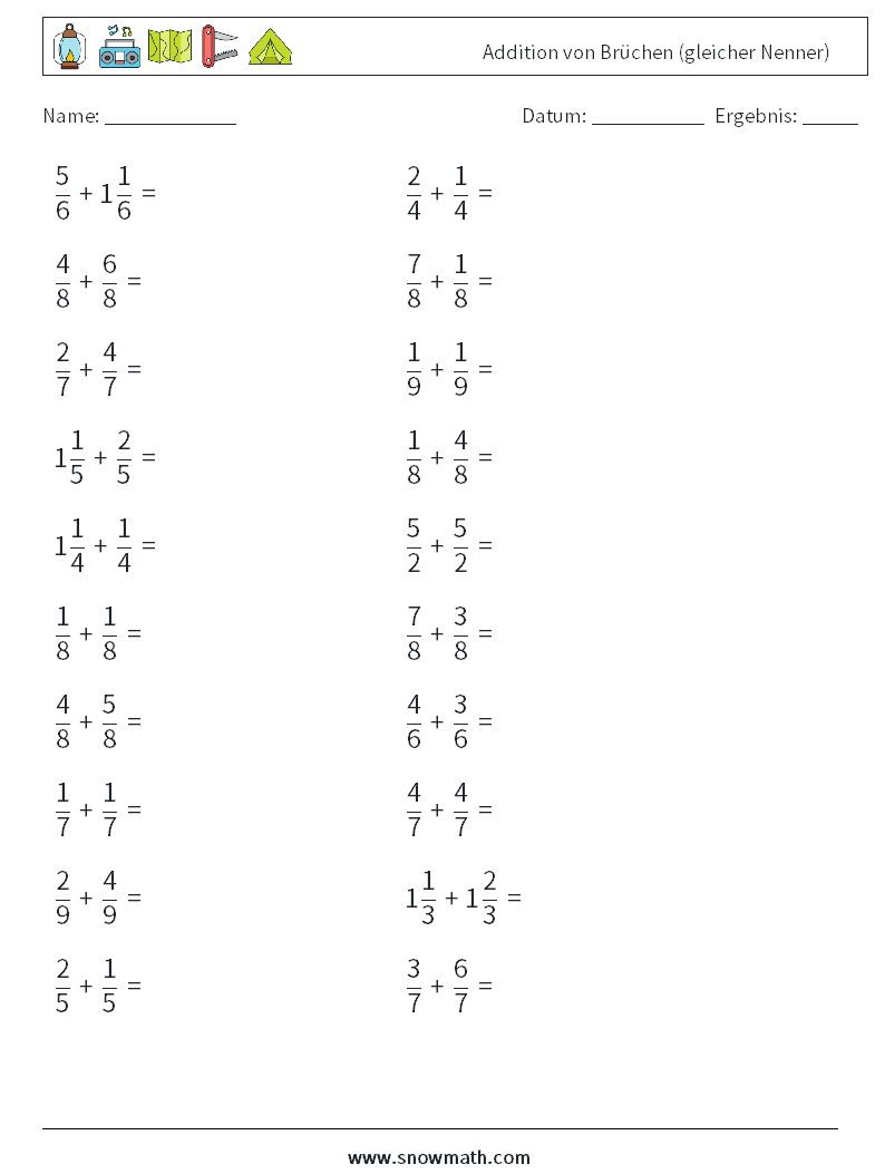 (20) Addition von Brüchen (gleicher Nenner) Mathe-Arbeitsblätter 14