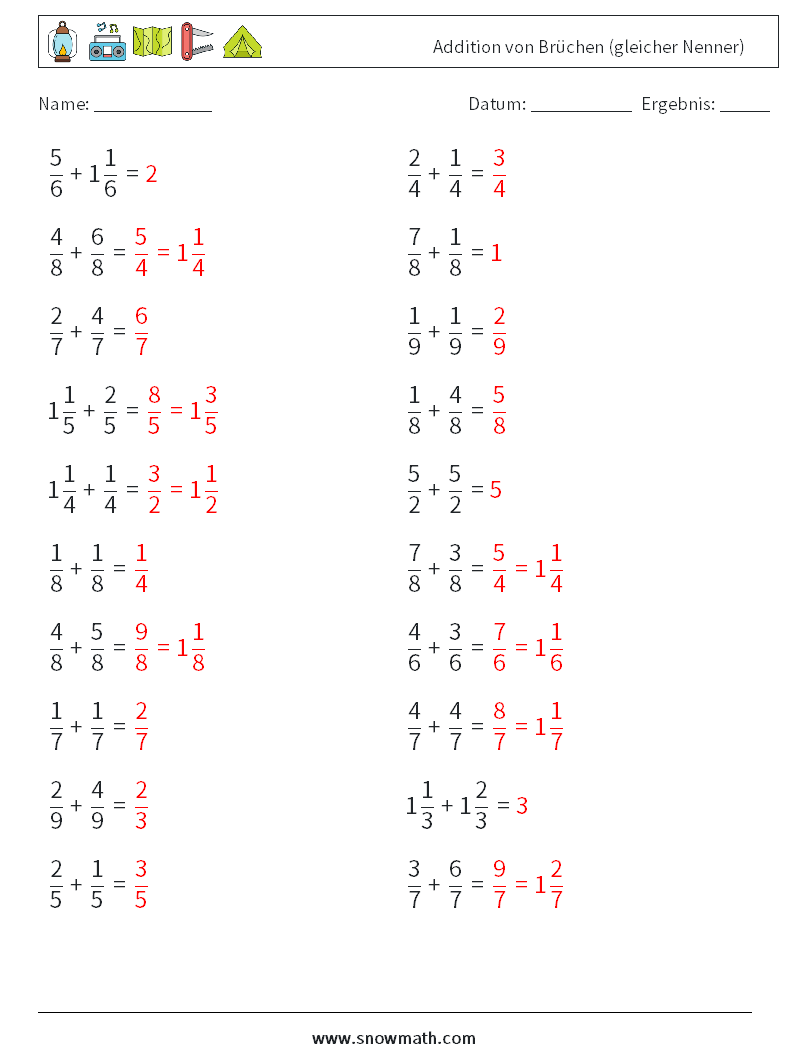 (20) Addition von Brüchen (gleicher Nenner) Mathe-Arbeitsblätter 14 Frage, Antwort