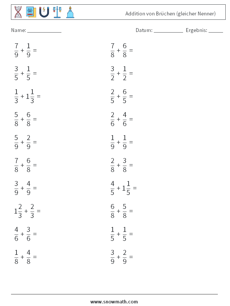 (20) Addition von Brüchen (gleicher Nenner) Mathe-Arbeitsblätter 15