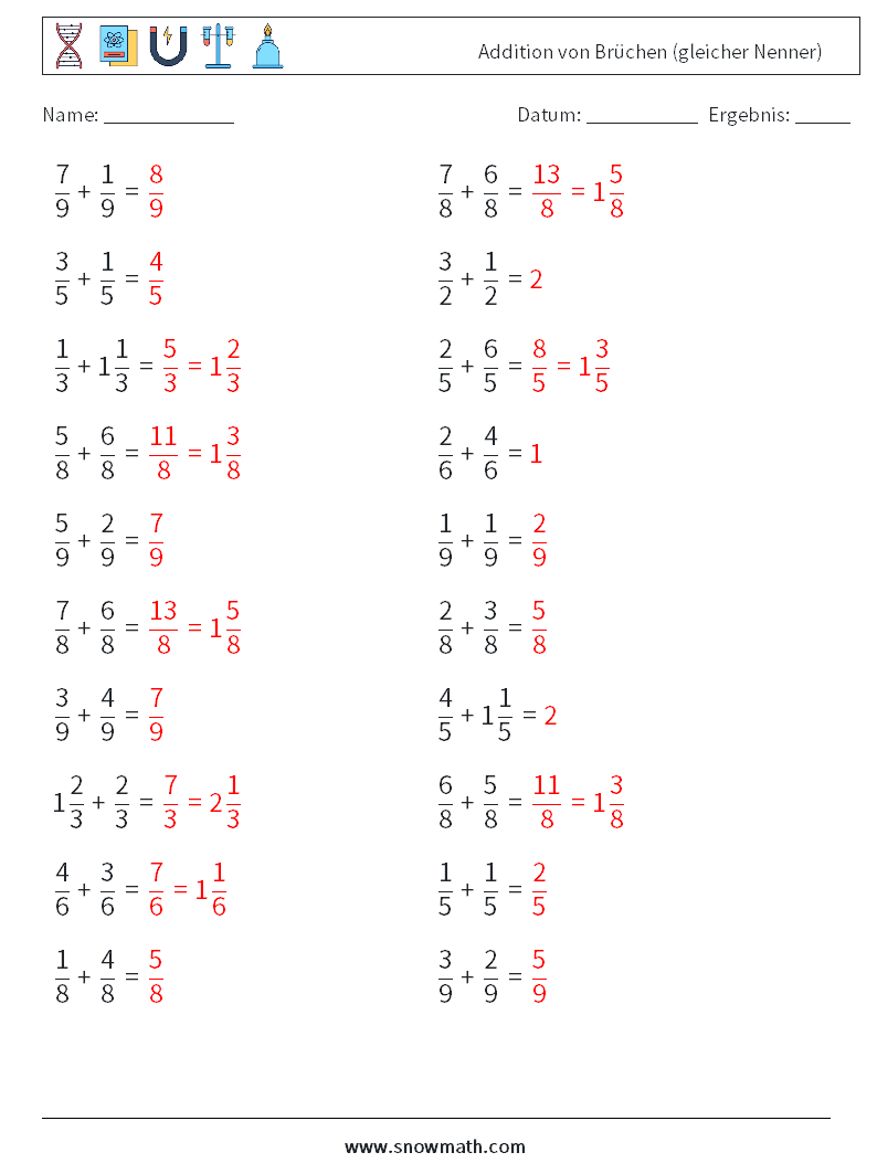 (20) Addition von Brüchen (gleicher Nenner) Mathe-Arbeitsblätter 15 Frage, Antwort