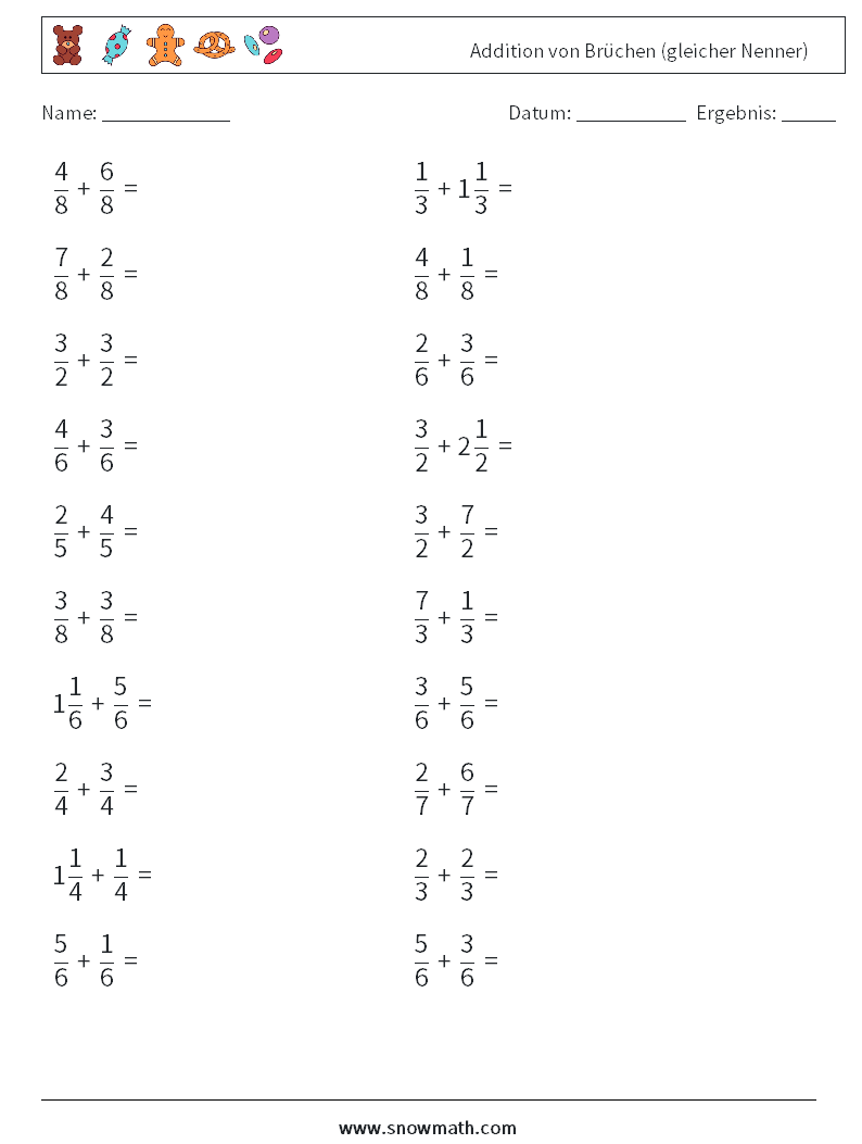 (20) Addition von Brüchen (gleicher Nenner) Mathe-Arbeitsblätter 16