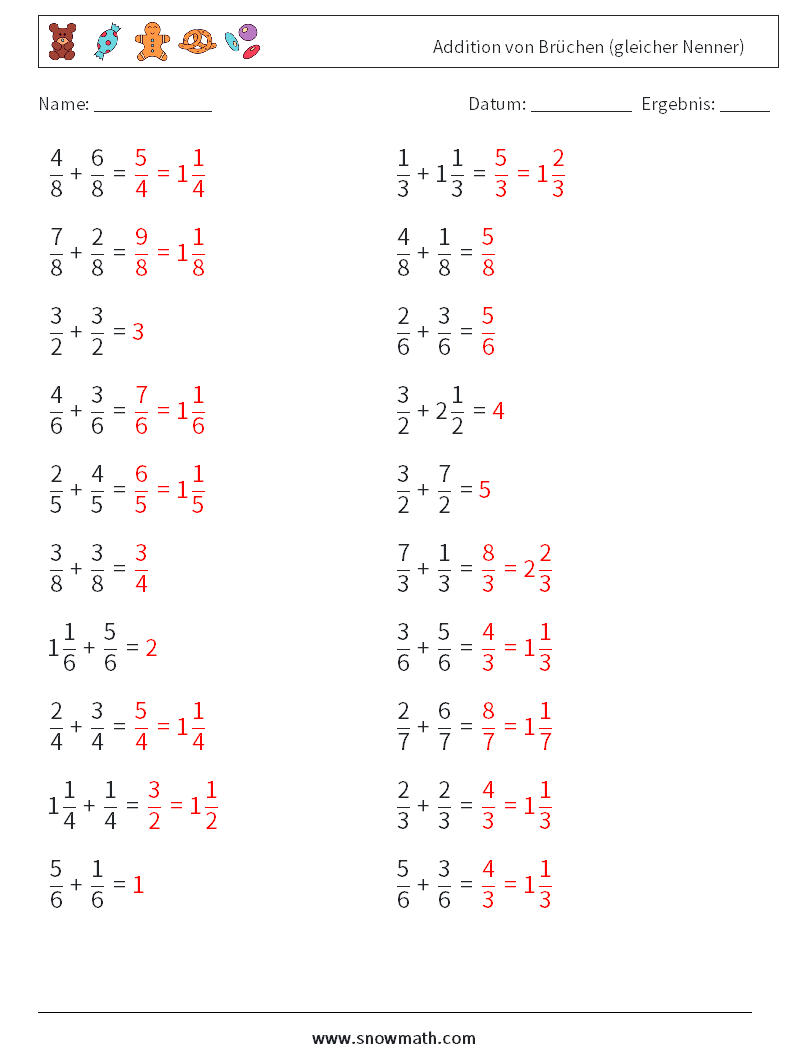 (20) Addition von Brüchen (gleicher Nenner) Mathe-Arbeitsblätter 16 Frage, Antwort