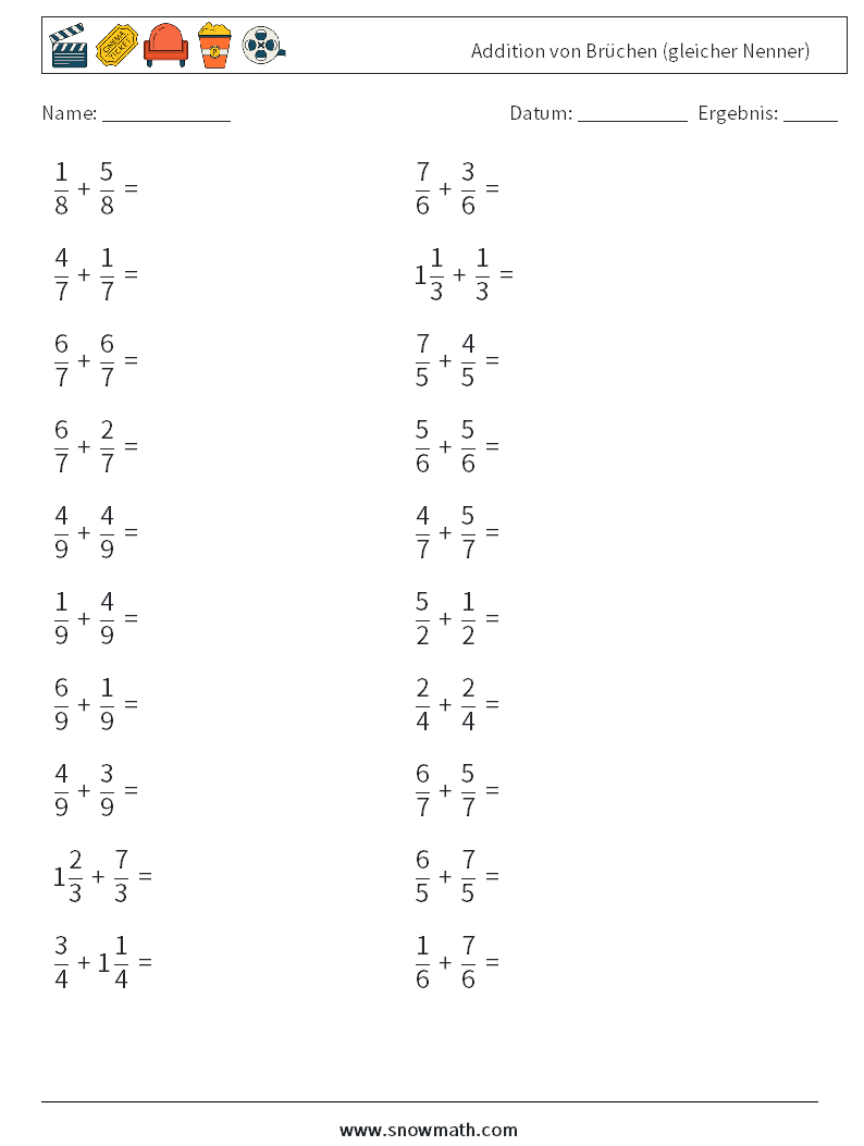 (20) Addition von Brüchen (gleicher Nenner) Mathe-Arbeitsblätter 17