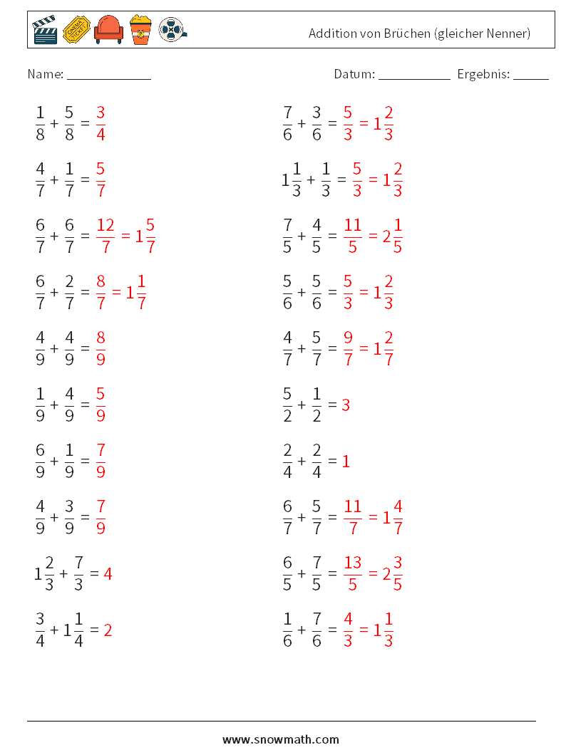 (20) Addition von Brüchen (gleicher Nenner) Mathe-Arbeitsblätter 17 Frage, Antwort