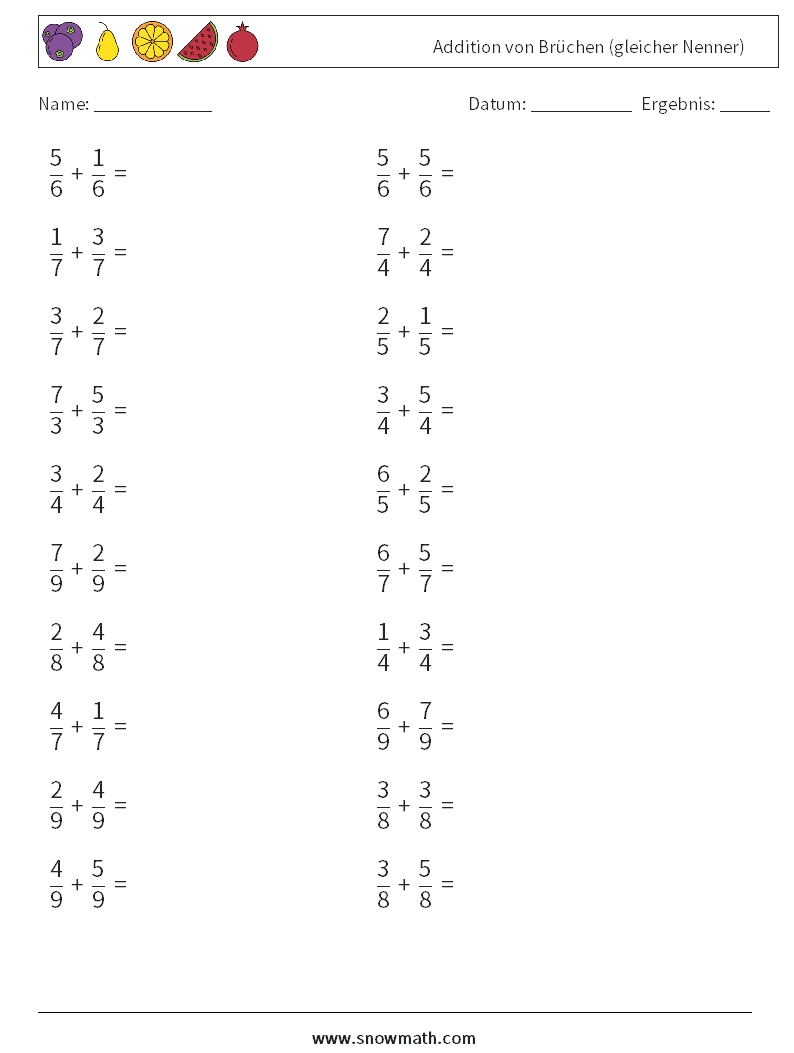 (20) Addition von Brüchen (gleicher Nenner) Mathe-Arbeitsblätter 18