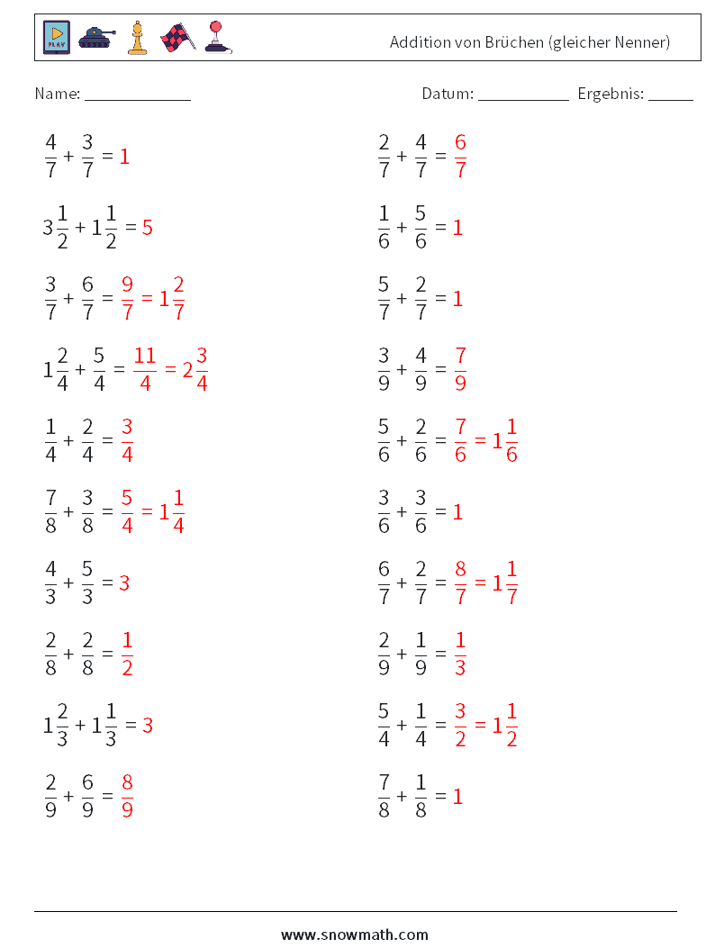 (20) Addition von Brüchen (gleicher Nenner) Mathe-Arbeitsblätter 1 Frage, Antwort
