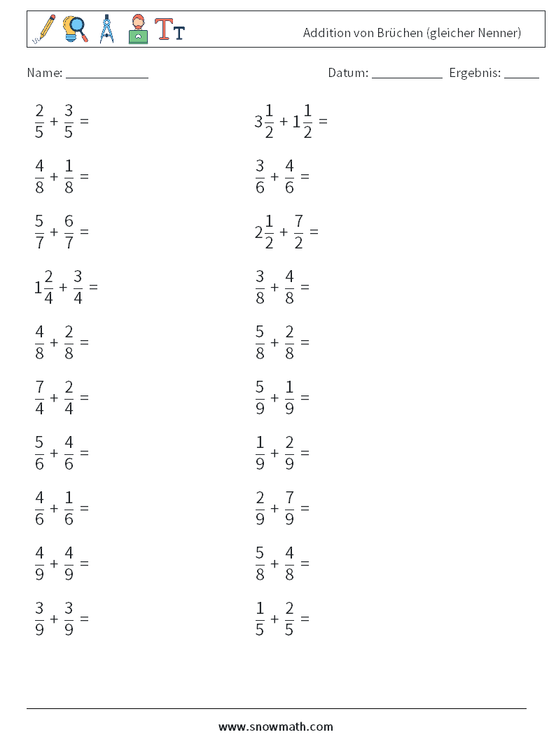 (20) Addition von Brüchen (gleicher Nenner) Mathe-Arbeitsblätter 2