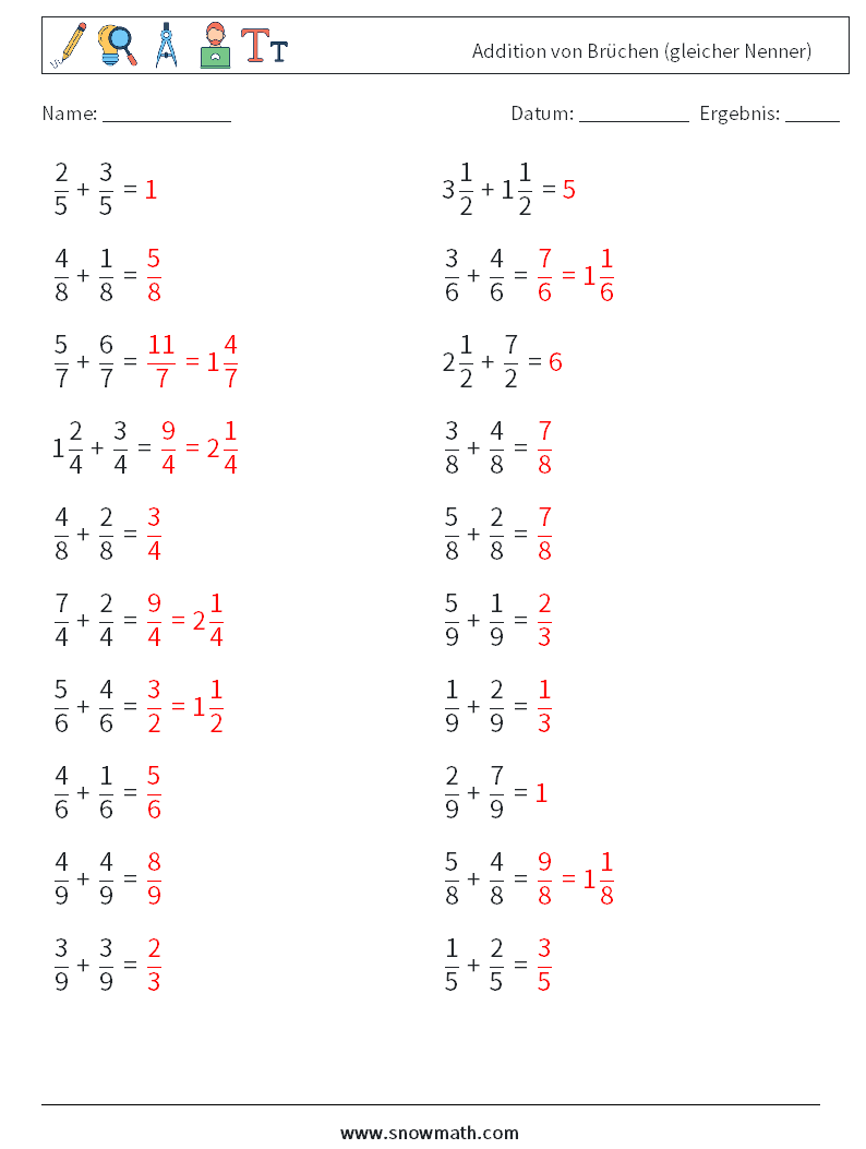 (20) Addition von Brüchen (gleicher Nenner) Mathe-Arbeitsblätter 2 Frage, Antwort