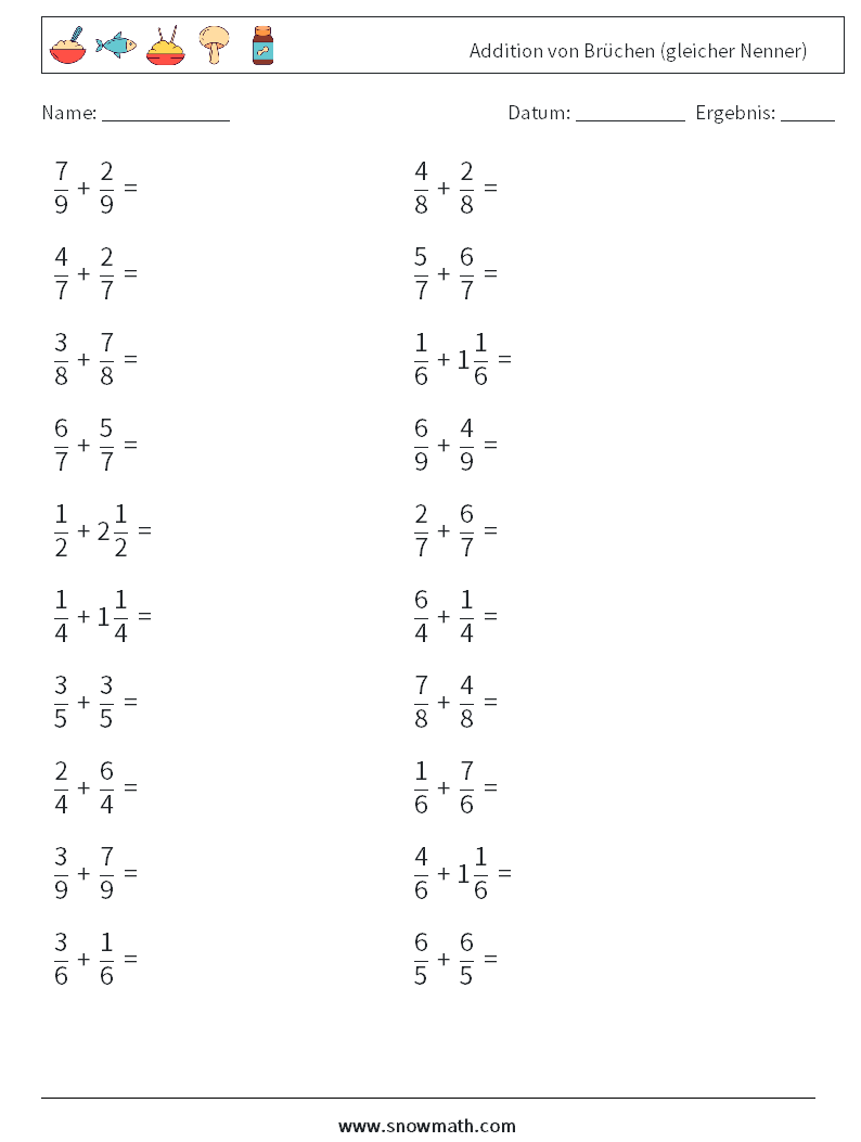 (20) Addition von Brüchen (gleicher Nenner) Mathe-Arbeitsblätter 3