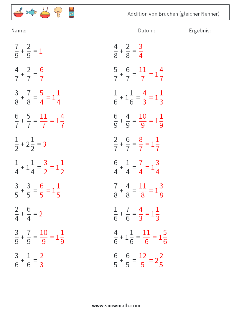 (20) Addition von Brüchen (gleicher Nenner) Mathe-Arbeitsblätter 3 Frage, Antwort