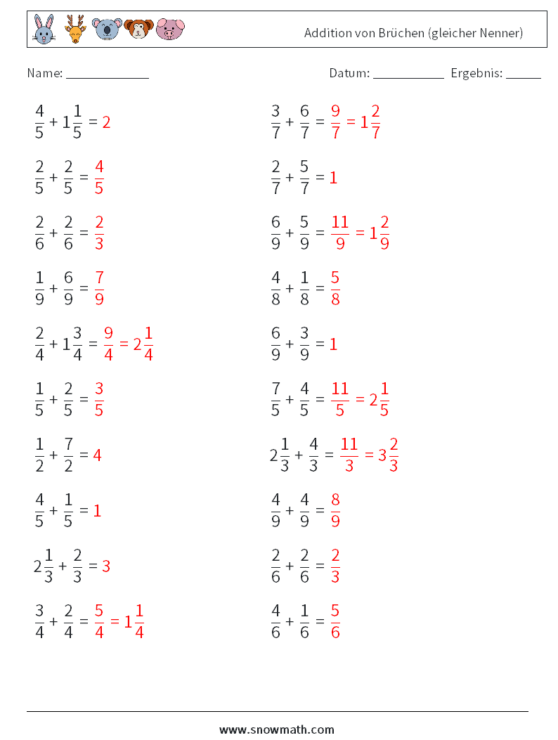 (20) Addition von Brüchen (gleicher Nenner) Mathe-Arbeitsblätter 4 Frage, Antwort