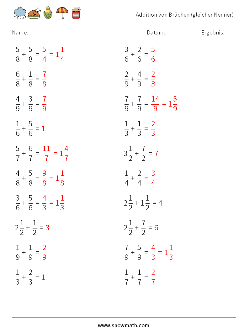 (20) Addition von Brüchen (gleicher Nenner) Mathe-Arbeitsblätter 5 Frage, Antwort
