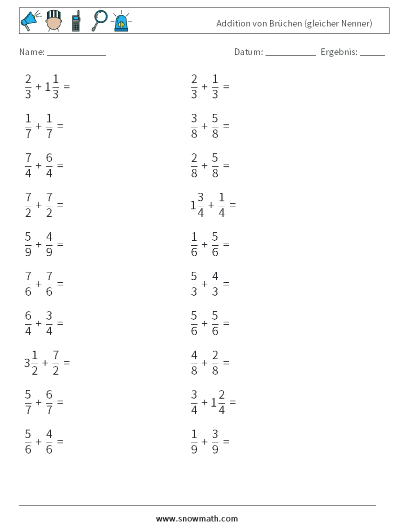 (20) Addition von Brüchen (gleicher Nenner) Mathe-Arbeitsblätter 6