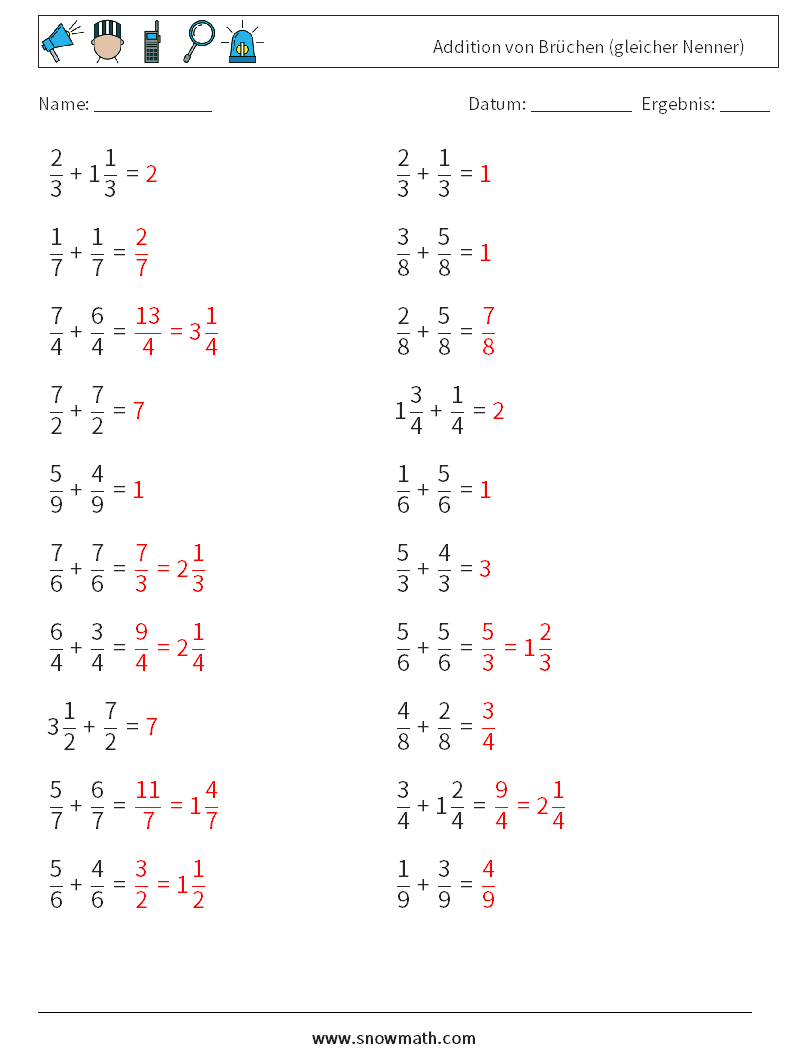 (20) Addition von Brüchen (gleicher Nenner) Mathe-Arbeitsblätter 6 Frage, Antwort