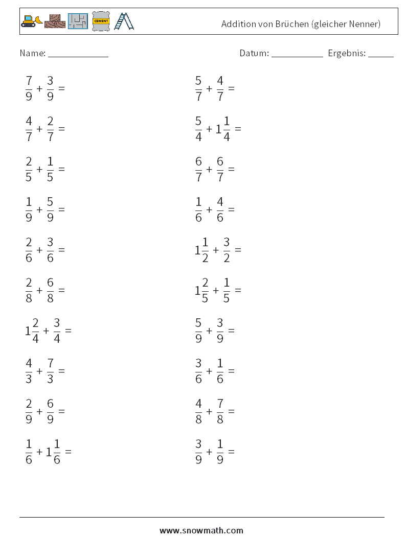 (20) Addition von Brüchen (gleicher Nenner) Mathe-Arbeitsblätter 7