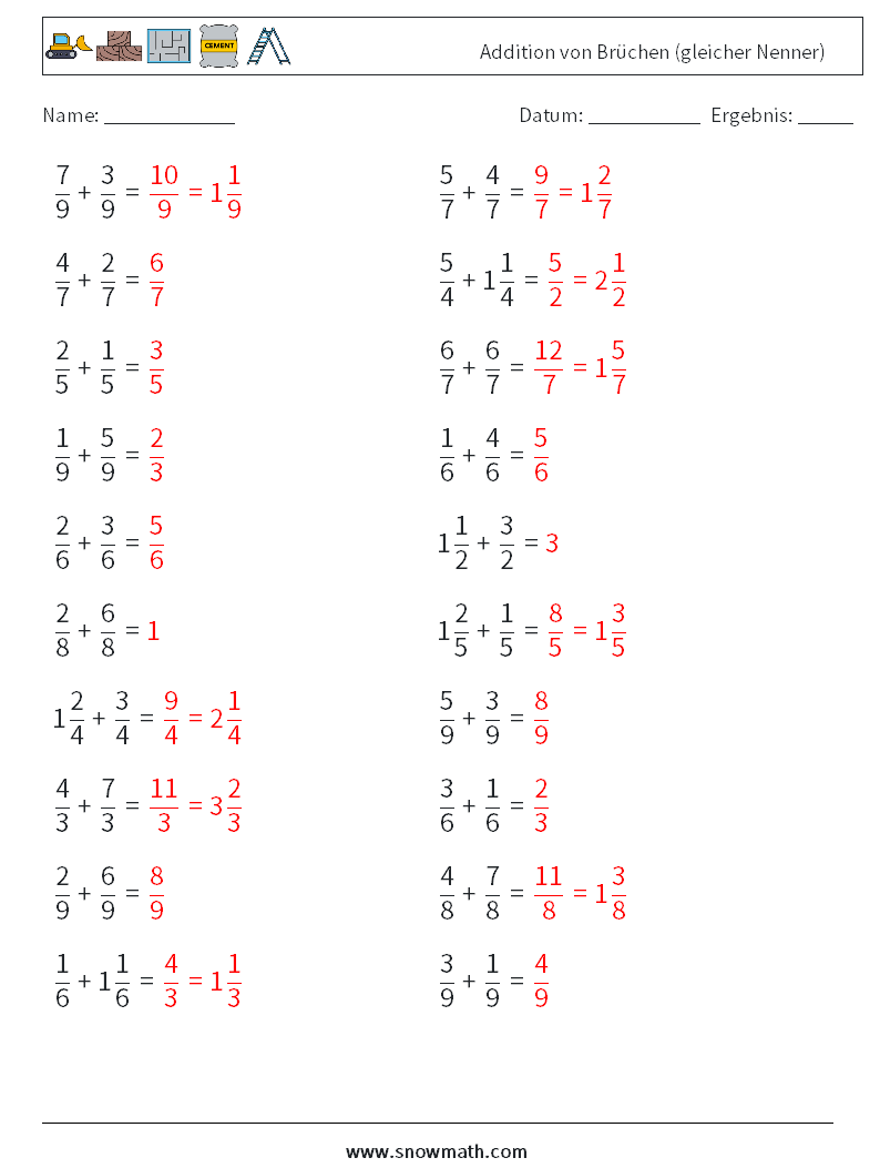 (20) Addition von Brüchen (gleicher Nenner) Mathe-Arbeitsblätter 7 Frage, Antwort