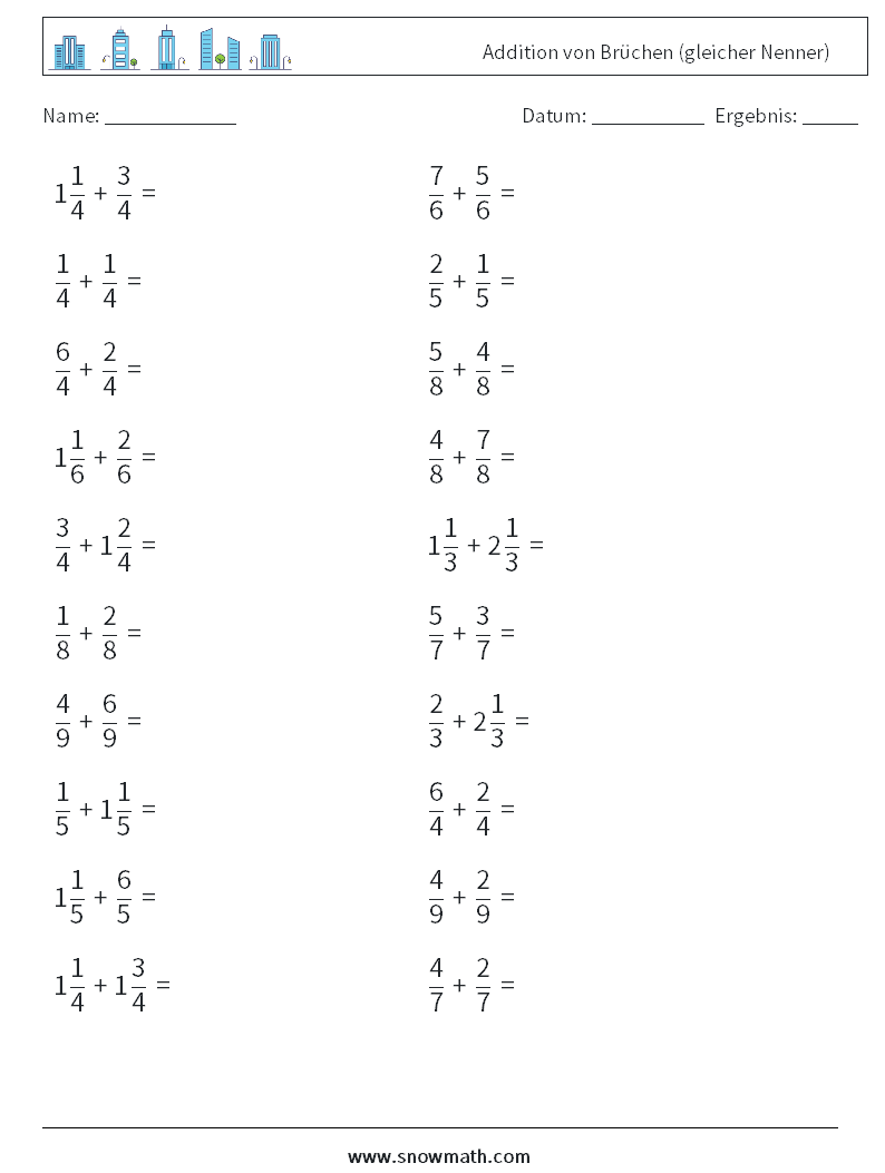 (20) Addition von Brüchen (gleicher Nenner) Mathe-Arbeitsblätter 8