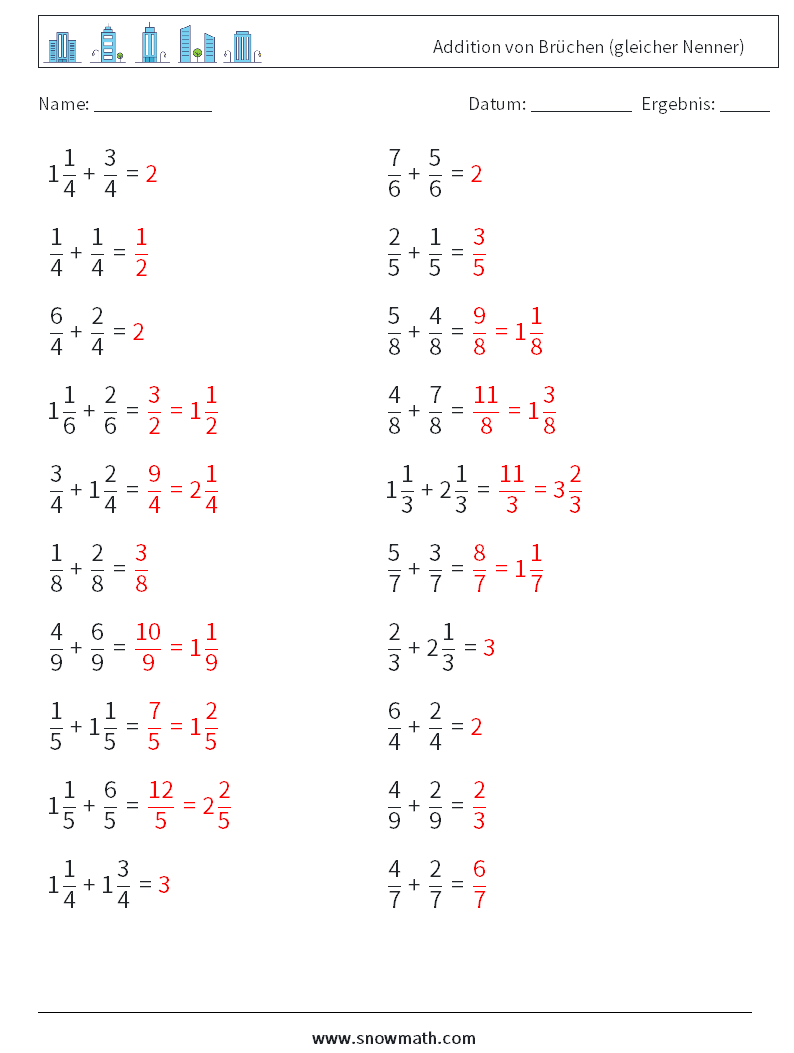 (20) Addition von Brüchen (gleicher Nenner) Mathe-Arbeitsblätter 8 Frage, Antwort