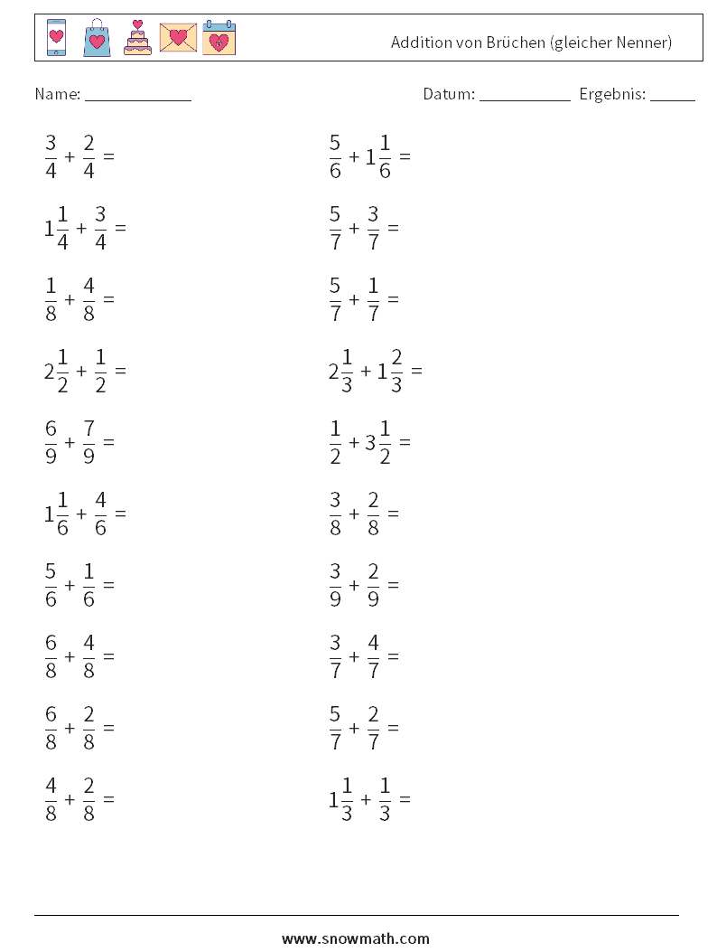 (20) Addition von Brüchen (gleicher Nenner) Mathe-Arbeitsblätter 9