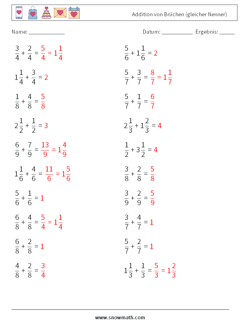 (20) Addition von Brüchen (gleicher Nenner) Mathe-Arbeitsblätter 9 Frage, Antwort