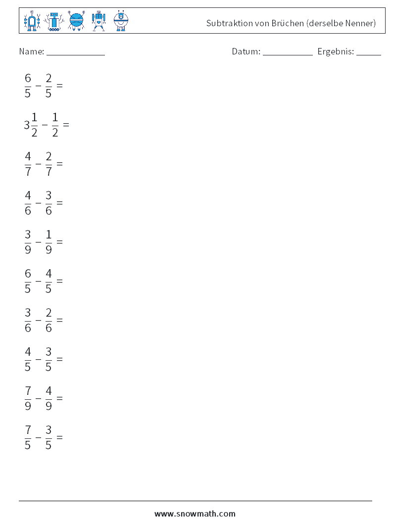 (10) Subtraktion von Brüchen (derselbe Nenner) Mathe-Arbeitsblätter 1