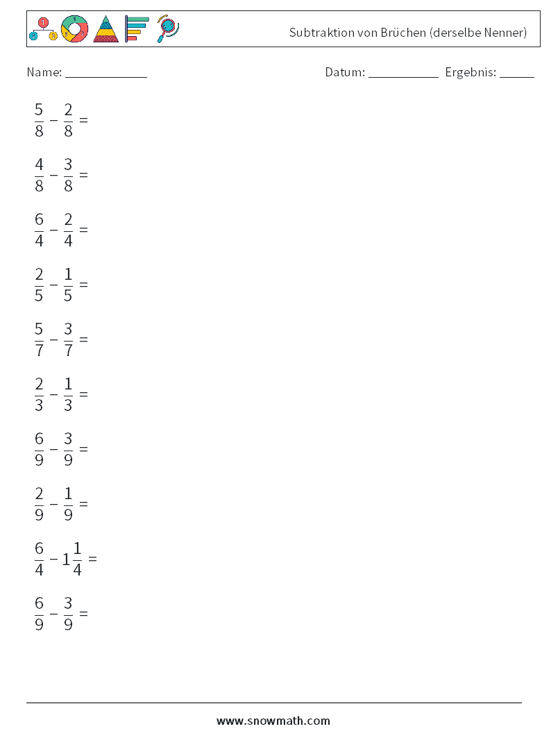 (10) Subtraktion von Brüchen (derselbe Nenner) Mathe-Arbeitsblätter 10