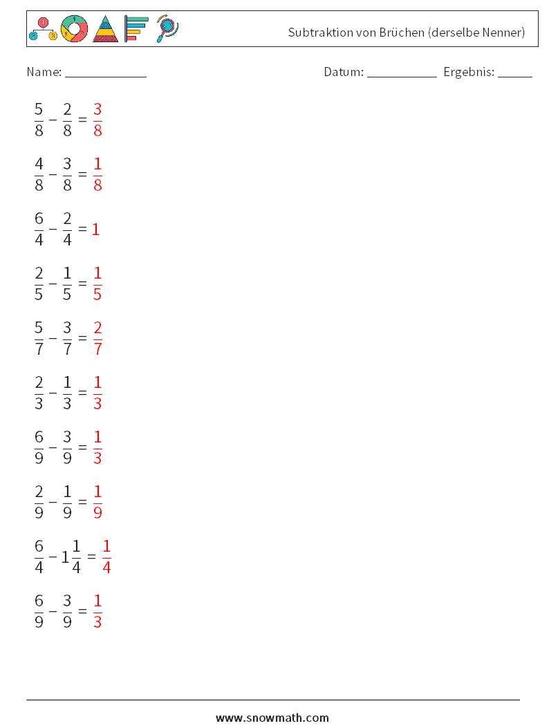 (10) Subtraktion von Brüchen (derselbe Nenner) Mathe-Arbeitsblätter 10 Frage, Antwort