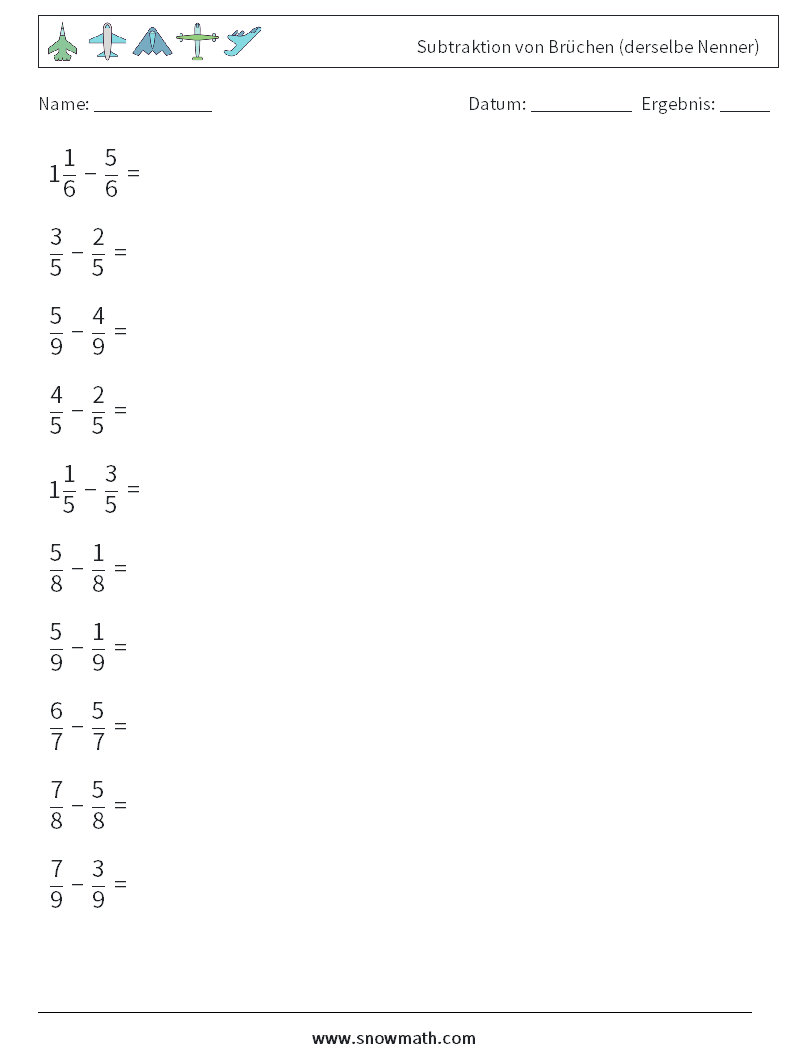 (10) Subtraktion von Brüchen (derselbe Nenner) Mathe-Arbeitsblätter 12