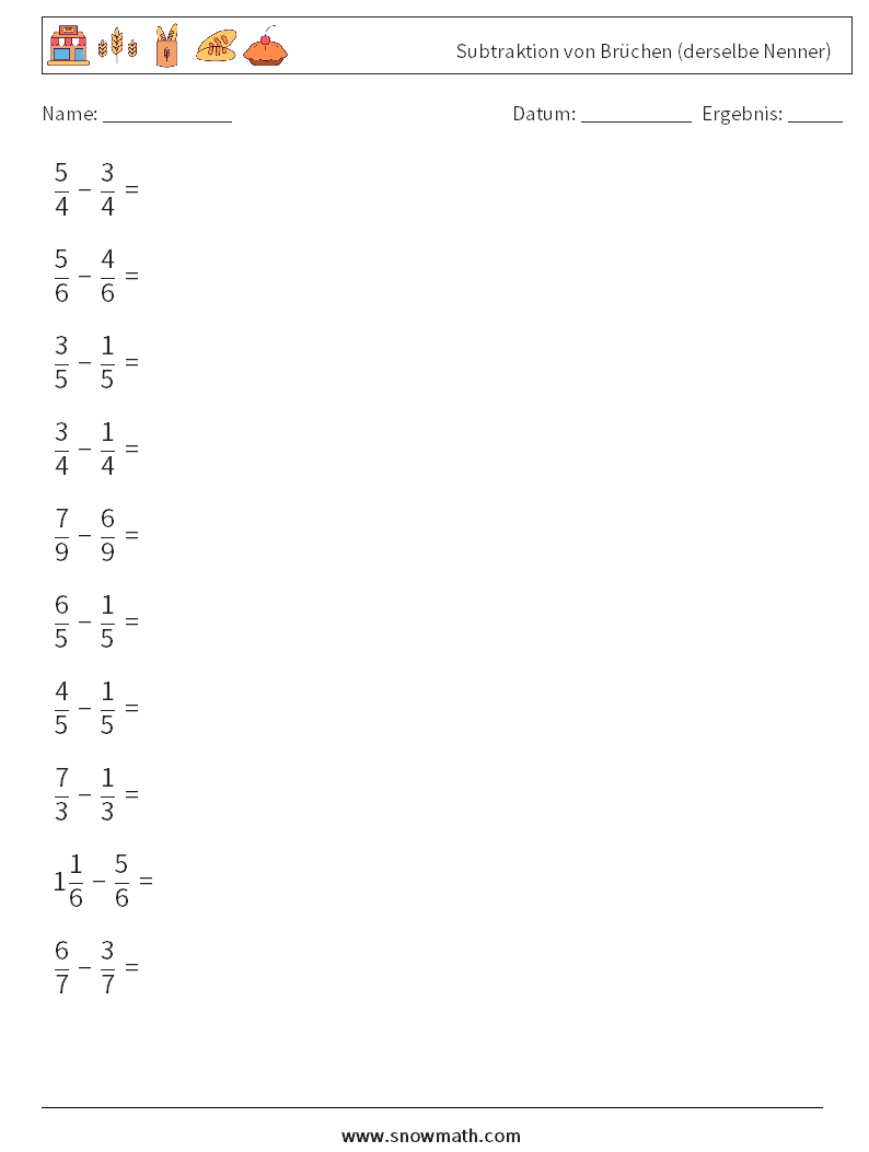 (10) Subtraktion von Brüchen (derselbe Nenner) Mathe-Arbeitsblätter 13