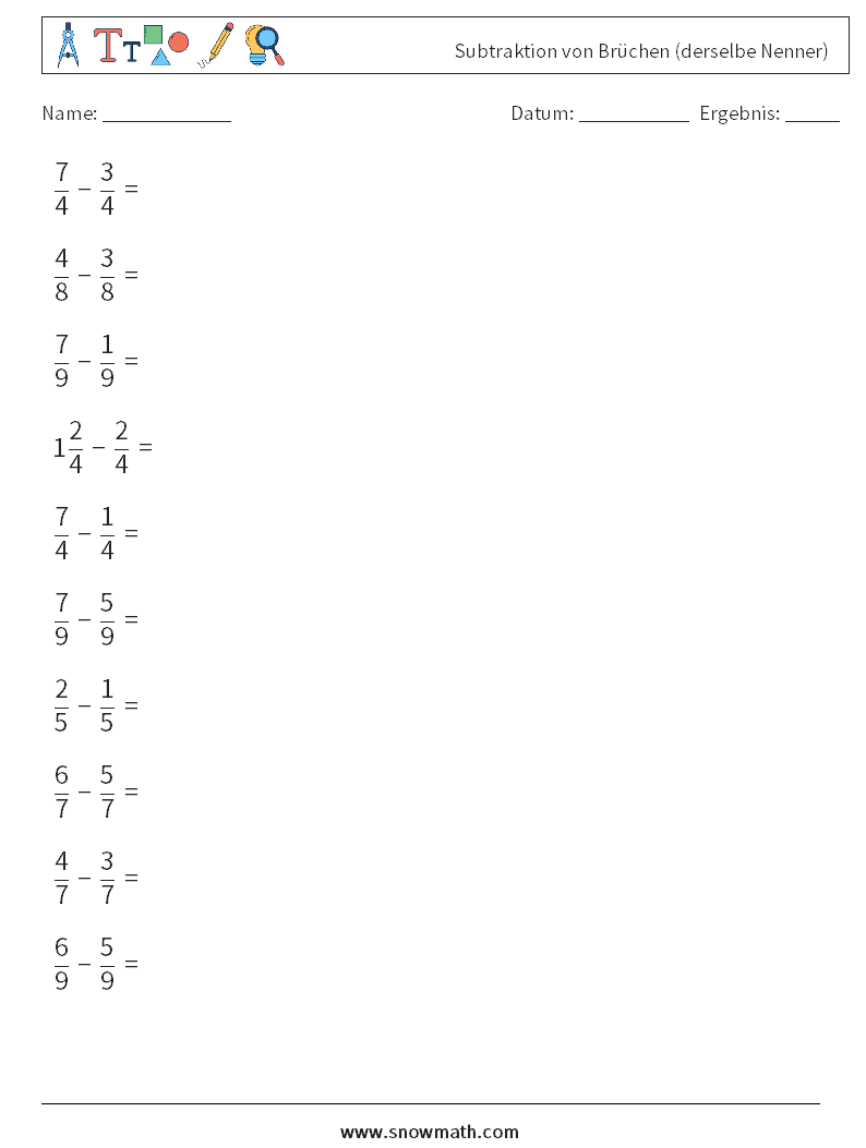 (10) Subtraktion von Brüchen (derselbe Nenner) Mathe-Arbeitsblätter 15