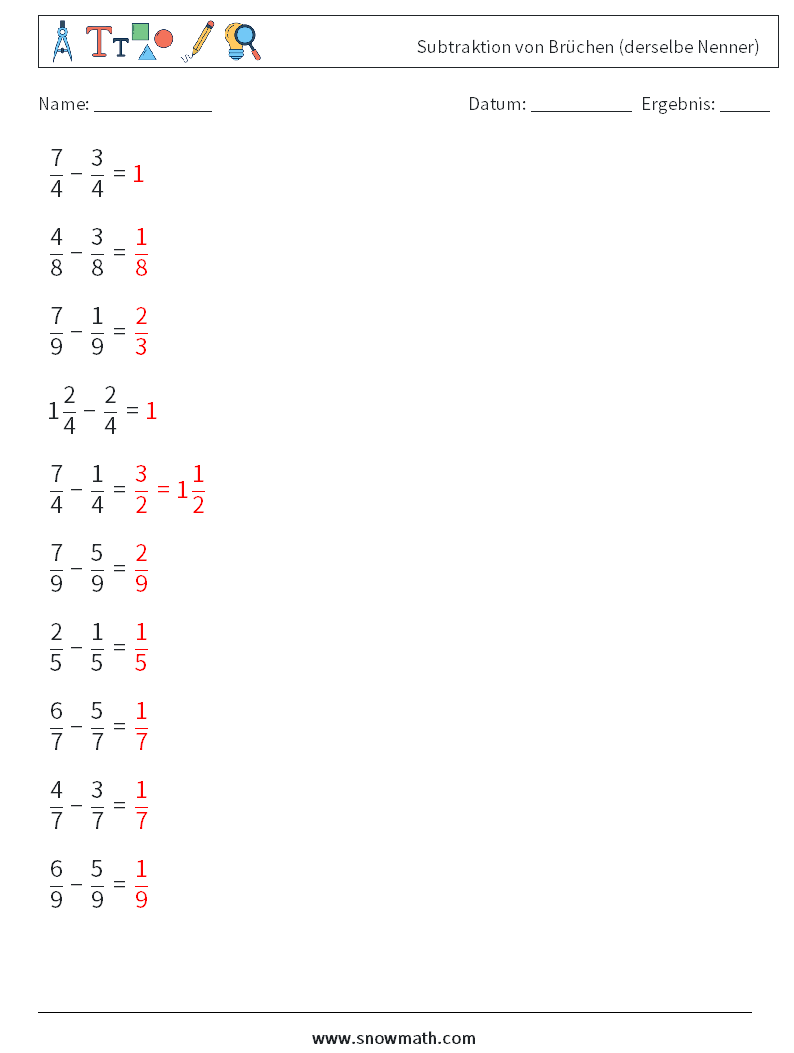 (10) Subtraktion von Brüchen (derselbe Nenner) Mathe-Arbeitsblätter 15 Frage, Antwort