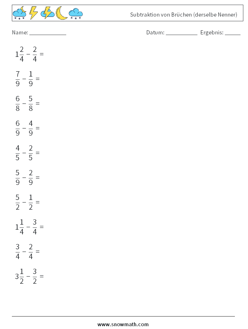 (10) Subtraktion von Brüchen (derselbe Nenner) Mathe-Arbeitsblätter 16