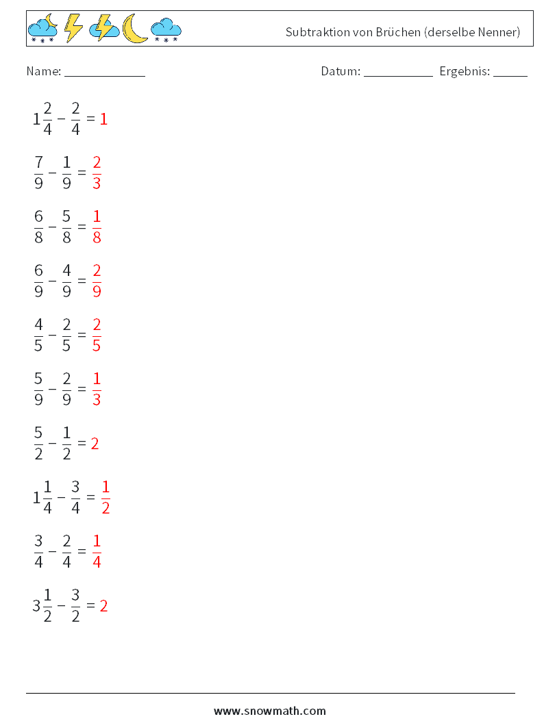 (10) Subtraktion von Brüchen (derselbe Nenner) Mathe-Arbeitsblätter 16 Frage, Antwort