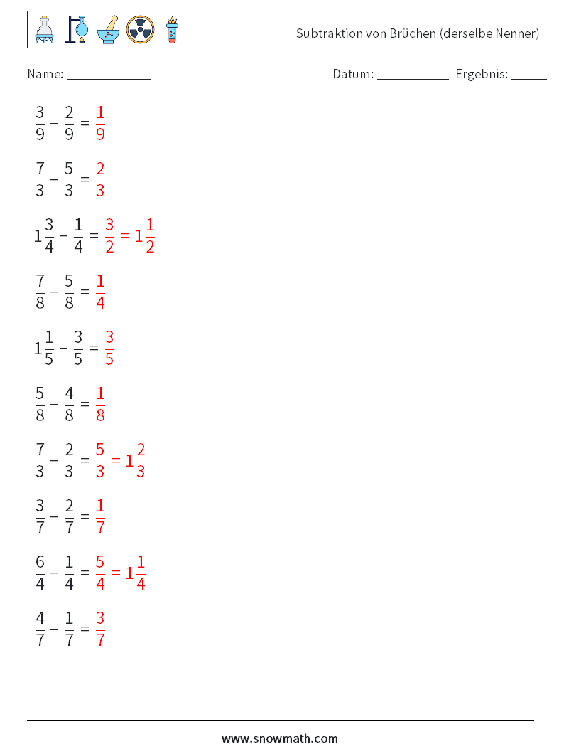 (10) Subtraktion von Brüchen (derselbe Nenner) Mathe-Arbeitsblätter 17 Frage, Antwort