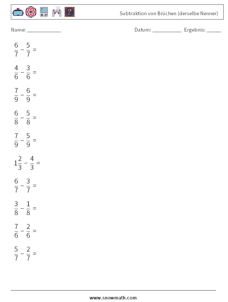 (10) Subtraktion von Brüchen (derselbe Nenner) Mathe-Arbeitsblätter 18