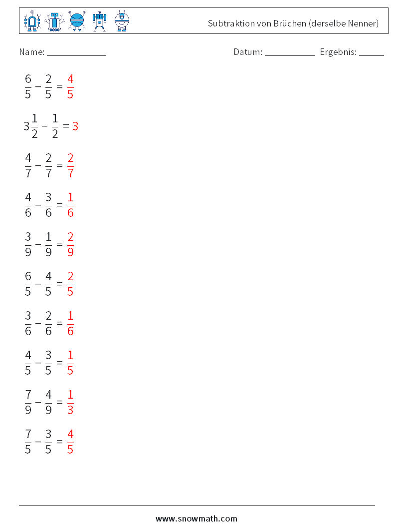 (10) Subtraktion von Brüchen (derselbe Nenner) Mathe-Arbeitsblätter 1 Frage, Antwort