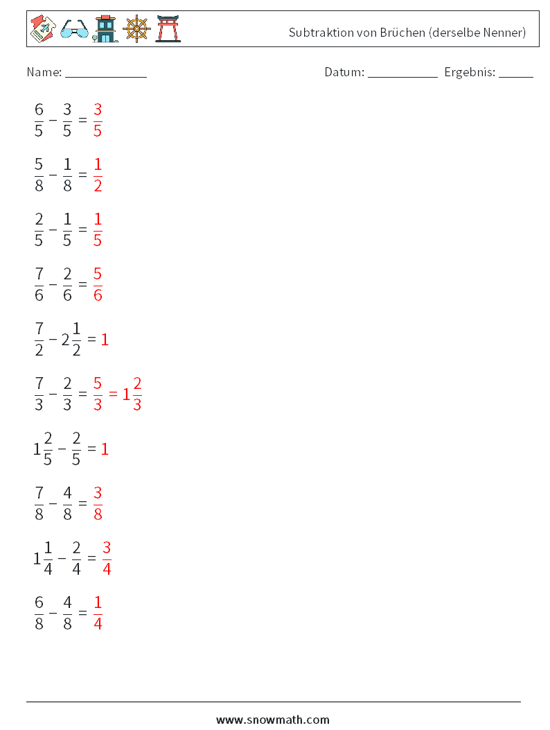 (10) Subtraktion von Brüchen (derselbe Nenner) Mathe-Arbeitsblätter 2 Frage, Antwort