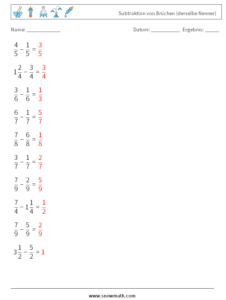 (10) Subtraktion von Brüchen (derselbe Nenner) Mathe-Arbeitsblätter 3 Frage, Antwort