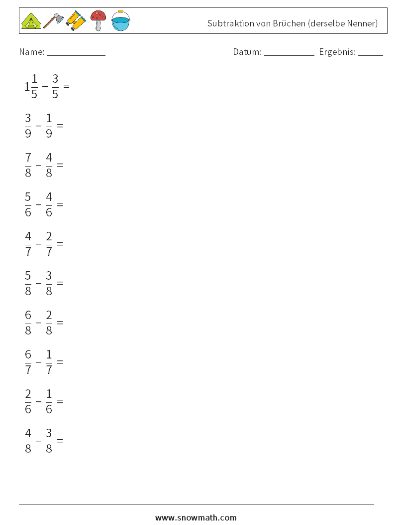 (10) Subtraktion von Brüchen (derselbe Nenner) Mathe-Arbeitsblätter 4