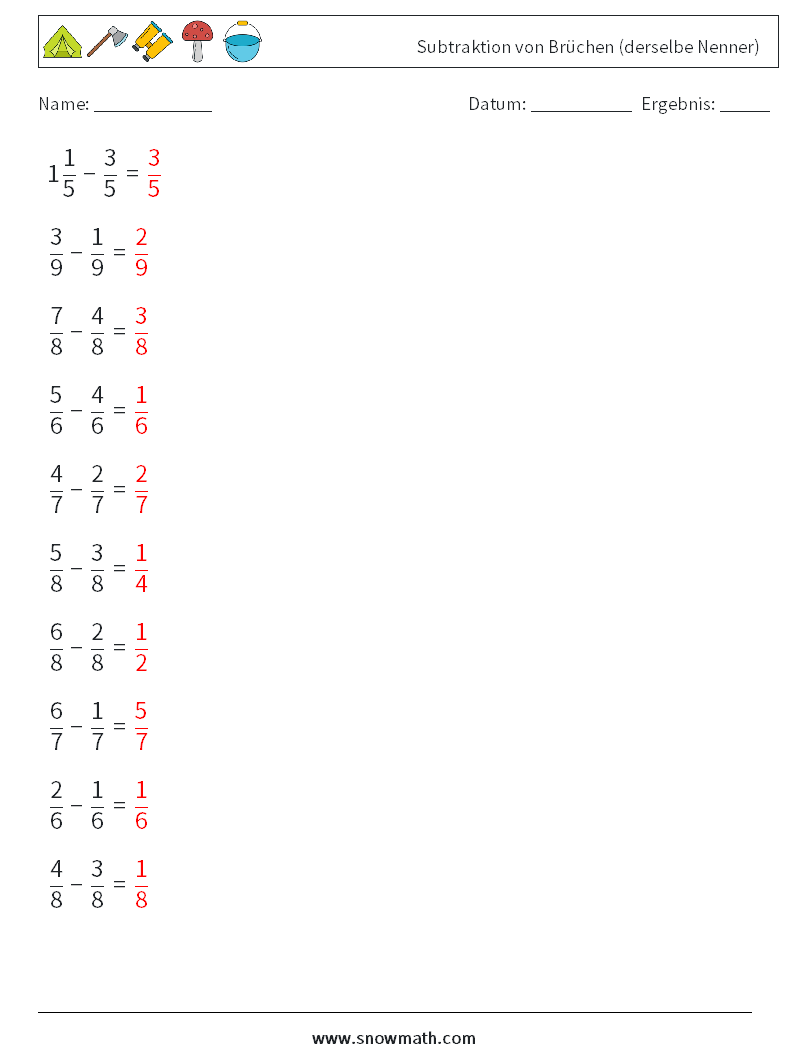 (10) Subtraktion von Brüchen (derselbe Nenner) Mathe-Arbeitsblätter 4 Frage, Antwort