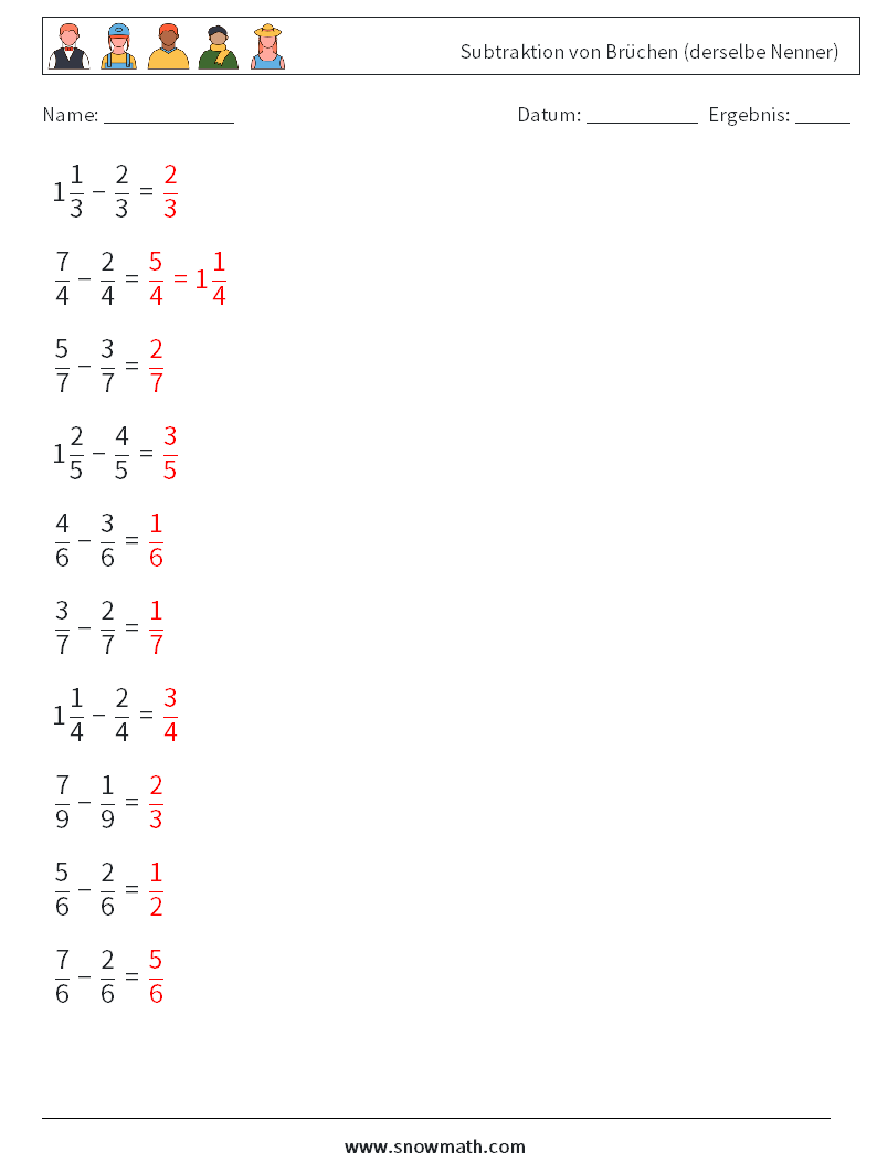 (10) Subtraktion von Brüchen (derselbe Nenner) Mathe-Arbeitsblätter 5 Frage, Antwort