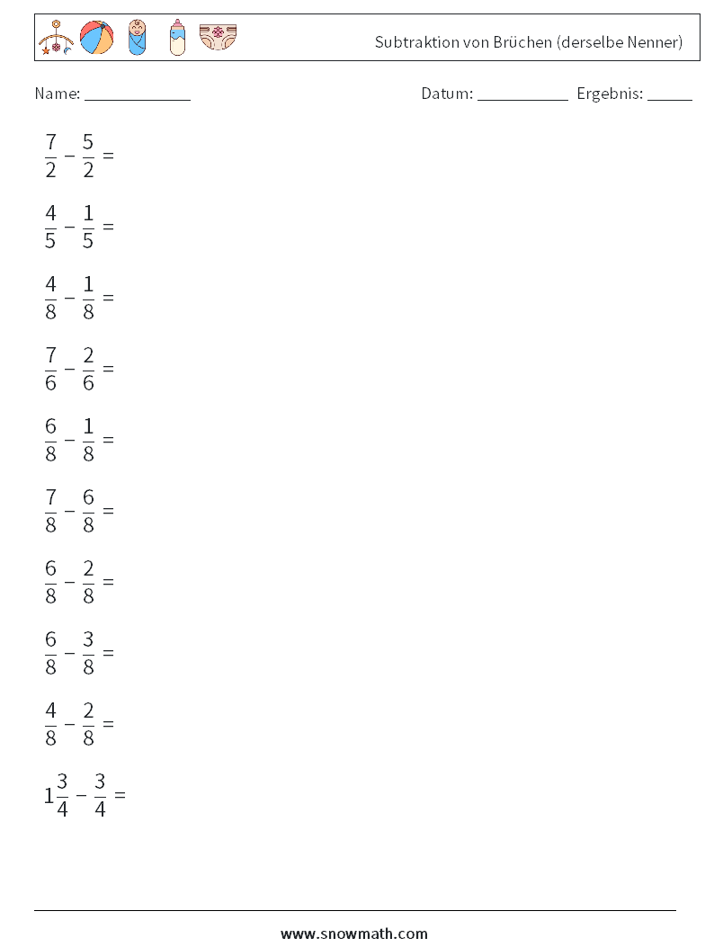 (10) Subtraktion von Brüchen (derselbe Nenner) Mathe-Arbeitsblätter 6